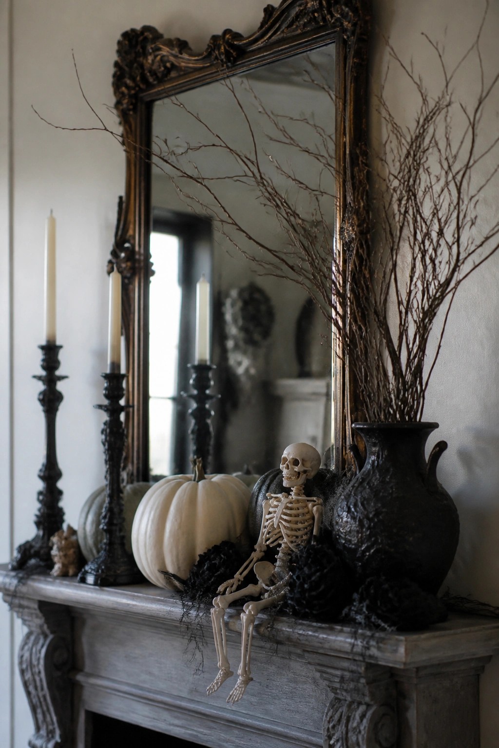 Fireplace mantel decorated with a small skeleton seated on the edge, white pumpkins, black flowers, and tall bare branches in a dark vase.