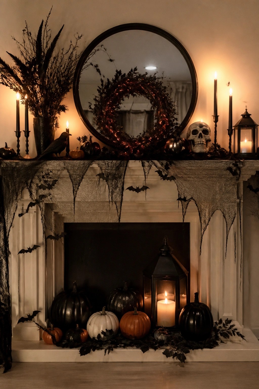 A white fireplace mantel decorated with black spiderwebs, plastic bats, a skull, pumpkins, and candles for Halloween.