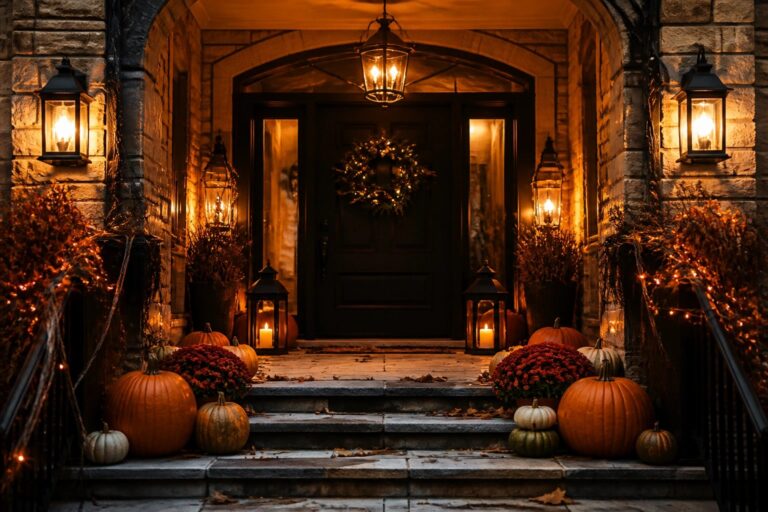 Front door decorated with a skeleton figure, autumn wreath, glowing lanterns, and pumpkins arranged on the steps.