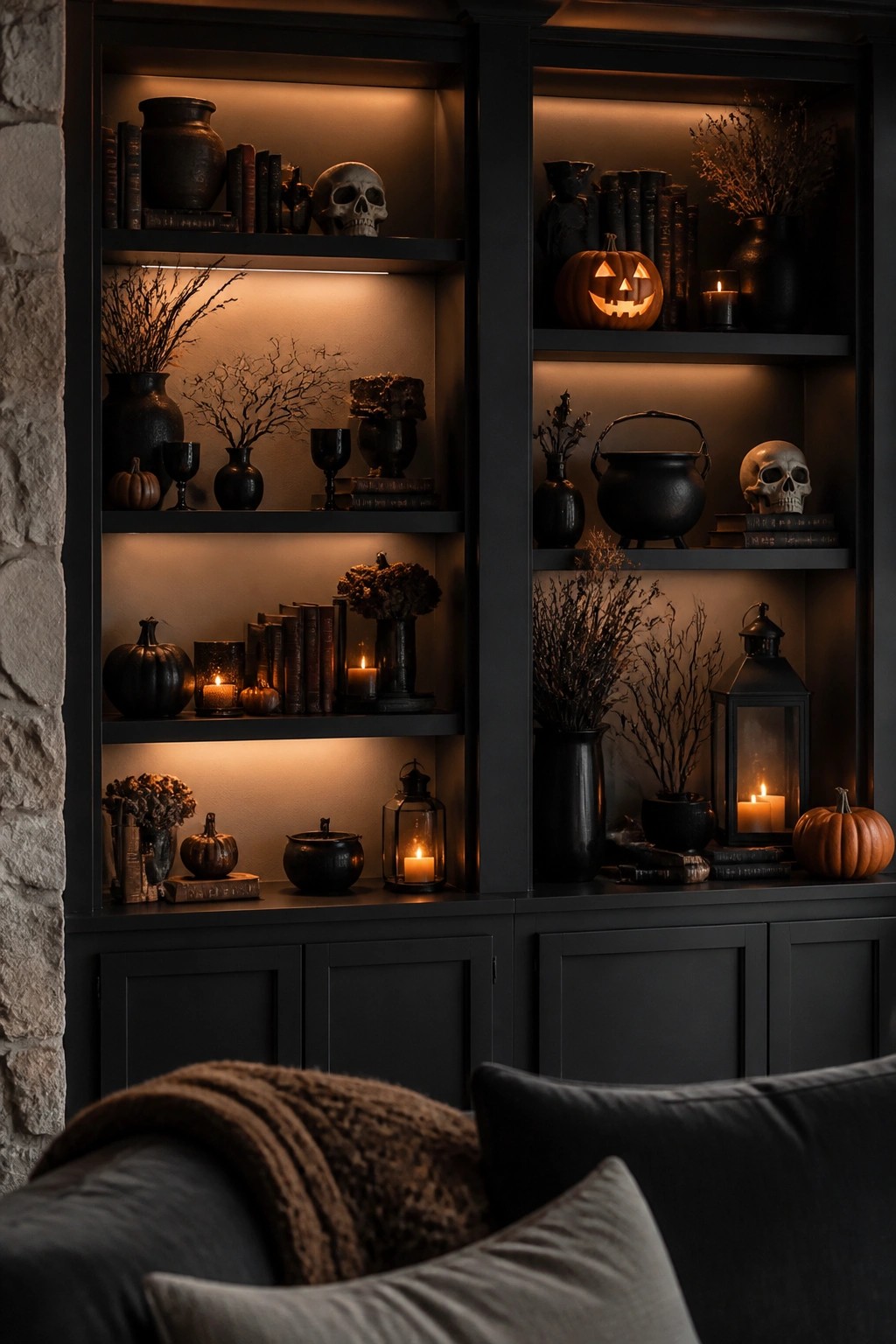 Dark built-in shelves arranged with white skulls, carved jack o lanterns, black cauldrons, and lanterns.