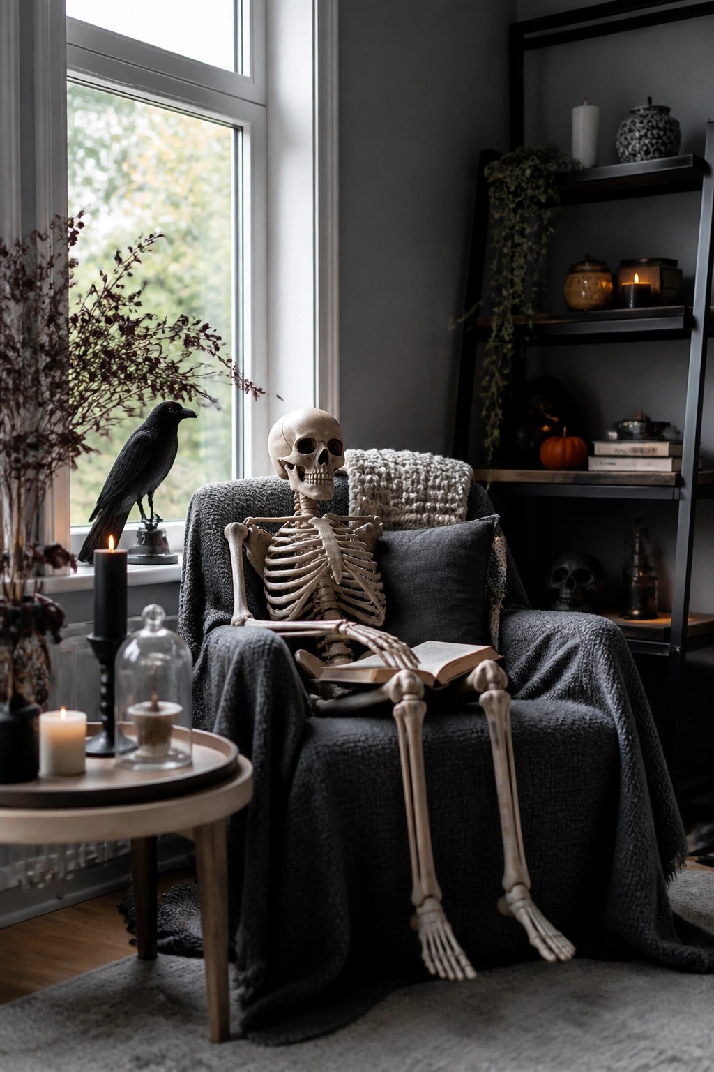 A skeleton posed in a dark armchair holding an open book, with a black crow on the windowsill and candles nearby.
