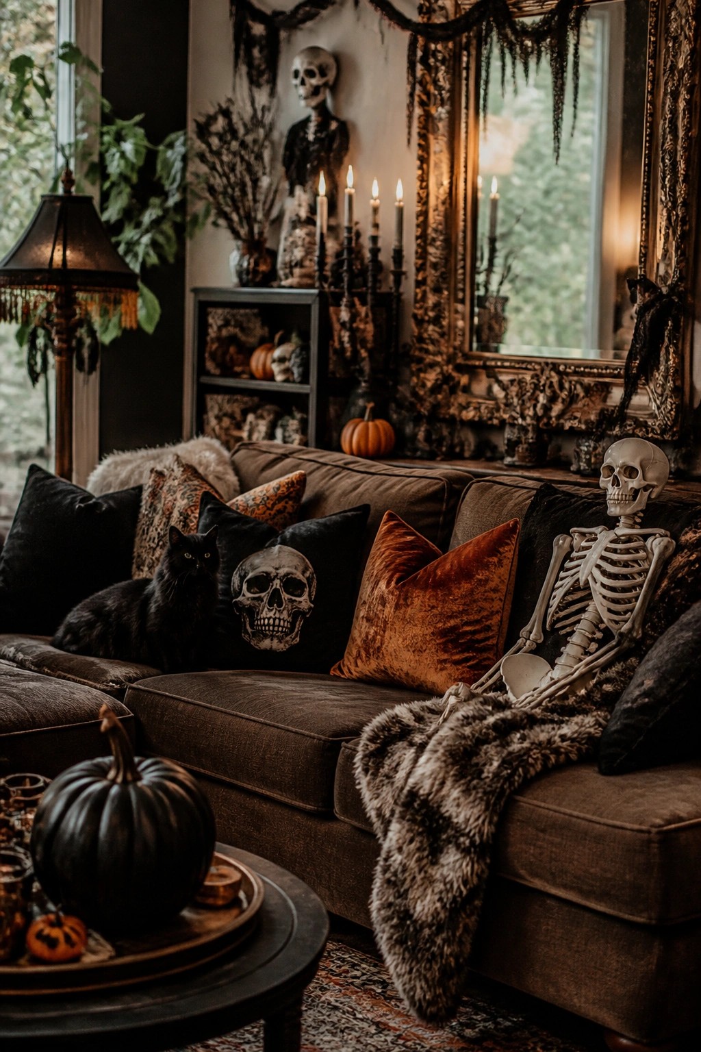 Black cat and skeleton on brown couch amid pumpkins, candles, and Halloween decor