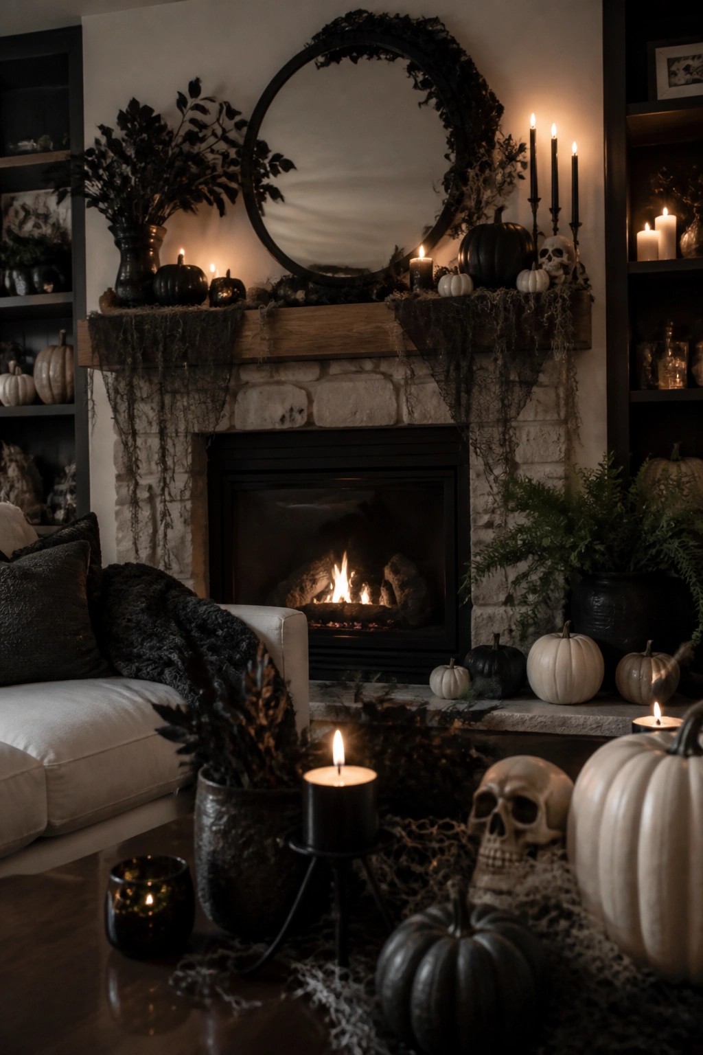 Stone fireplace mantel decorated with black pumpkins, skulls, black candles, and dark foliage for Halloween.