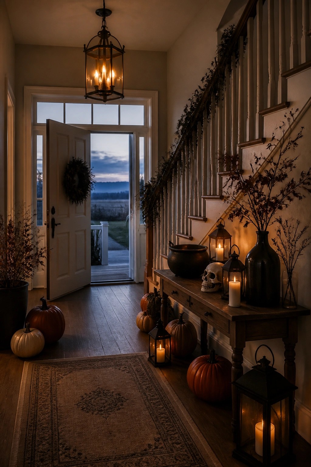 Entryway console table styled with a human skull, black cauldron, lanterns, and pumpkins beside a staircase.