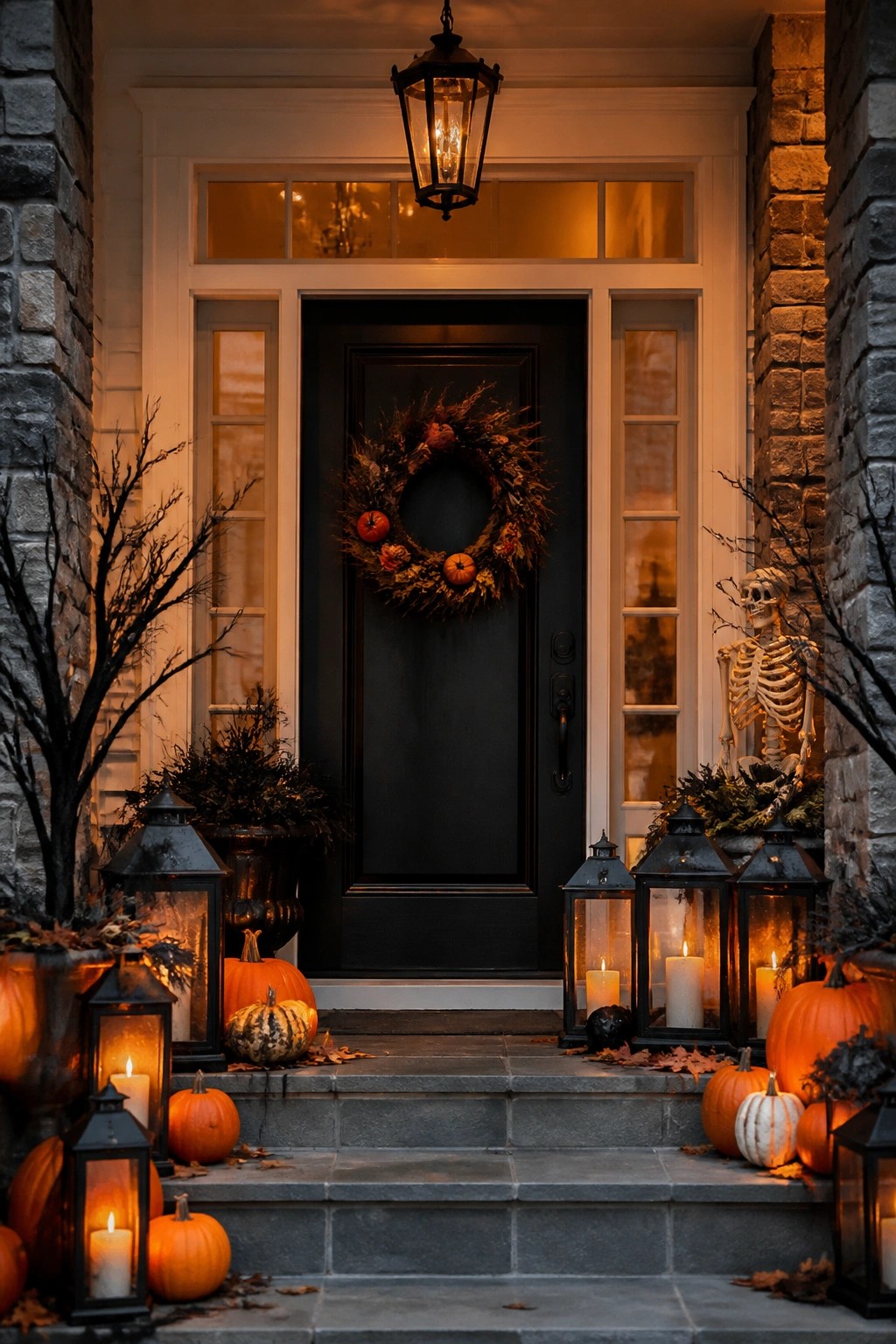 Front door decorated with a skeleton figure, autumn wreath, glowing lanterns, and pumpkins arranged on the steps.