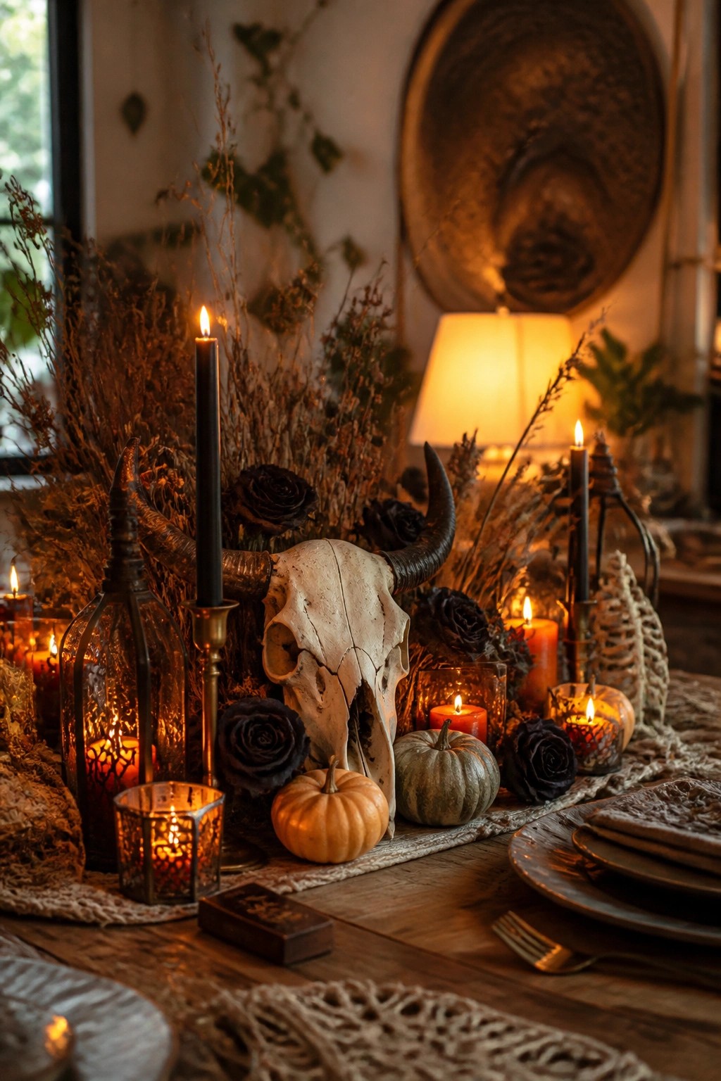 Dining table with a large bull skull centerpiece surrounded by black roses, black candles, small pumpkins, and glowing candle holders.