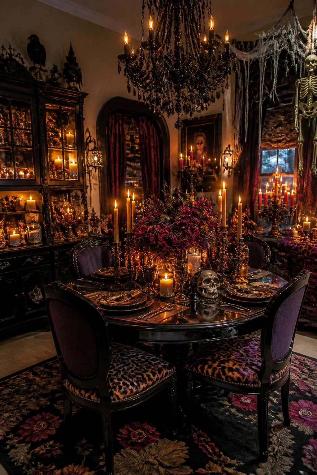 Dark dining room table set with black plates, skulls, candles, and purple flowers for Halloween.