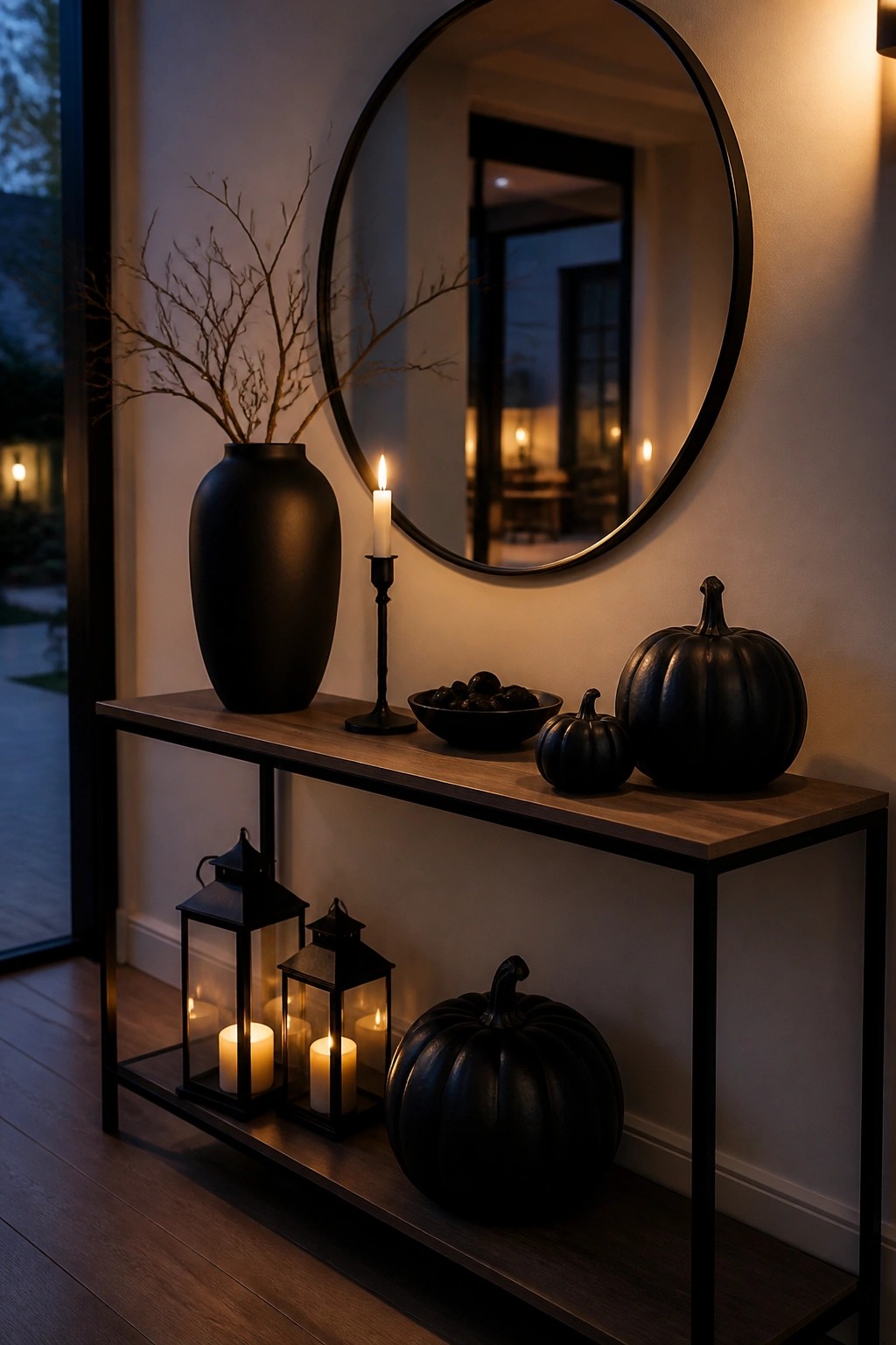 Black console table with pumpkins, lit candles, lanterns, vase, and round mirror