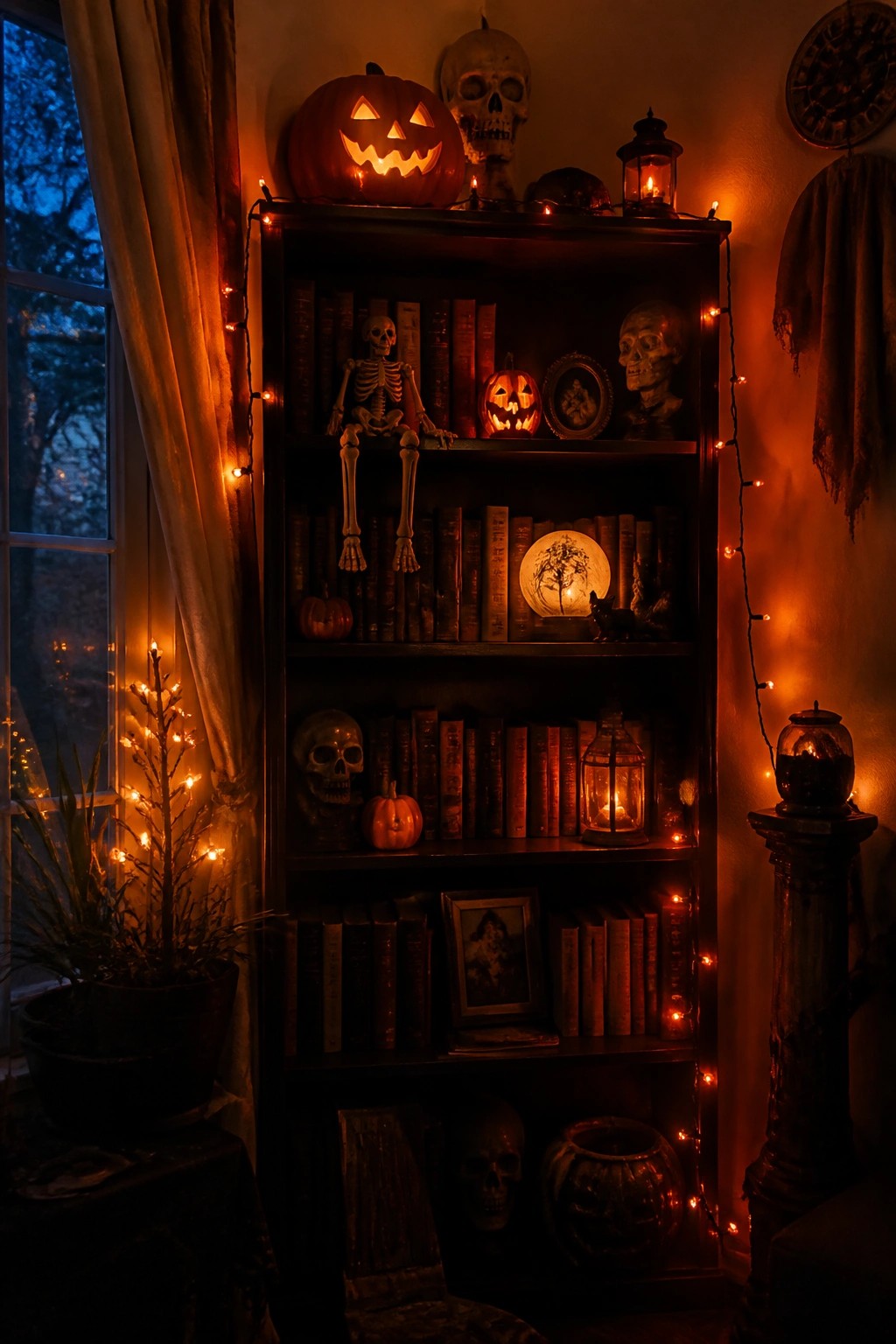 A dark wooden bookshelf styled for Halloween with skeletons, skulls, carved jack o lanterns, and string lights among rows of old books.