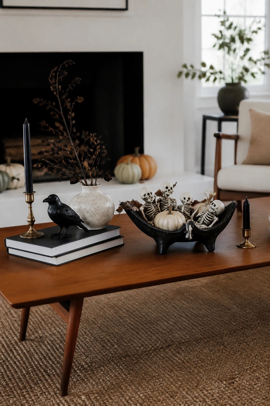 Coffee table with a black bowl holding small skeletons and a white pumpkin, next to a black bird figurine on stacked books.