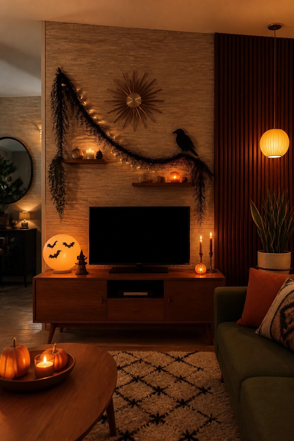 Living room media console decorated with a glowing lamp covered in bat silhouettes, a black crow figure on the wall above, and small pumpkins with candles.