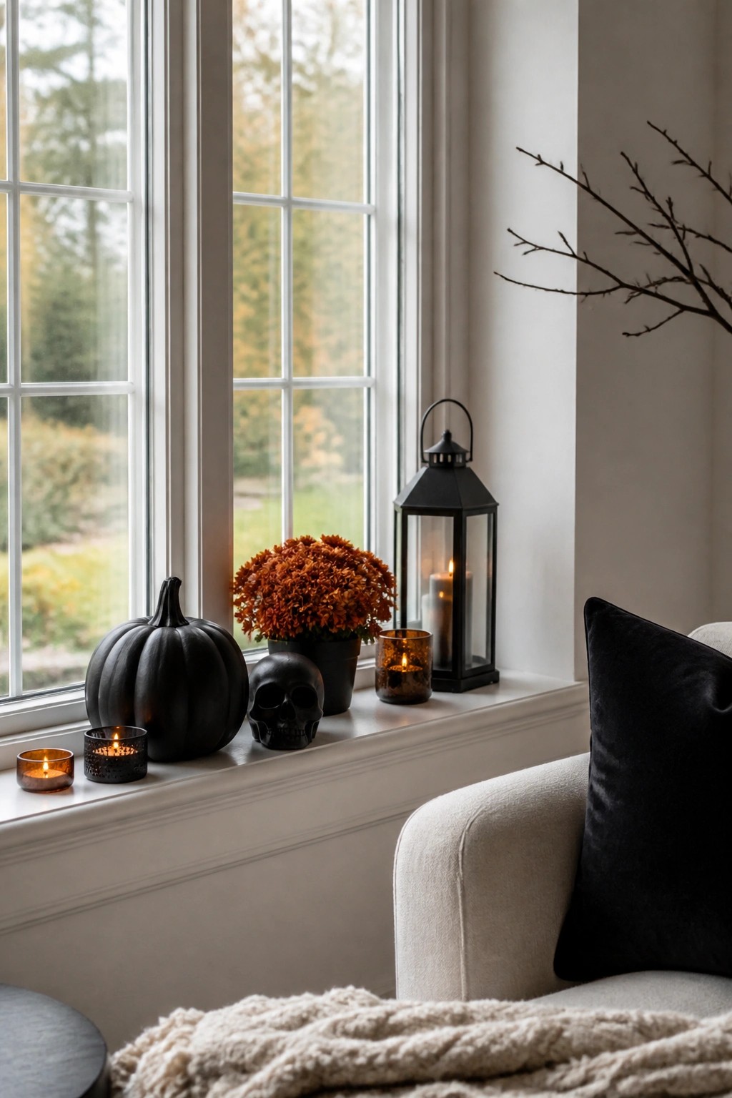 Autumn windowsill with black pumpkin, skull, orange flowers, lantern, and lit candles.