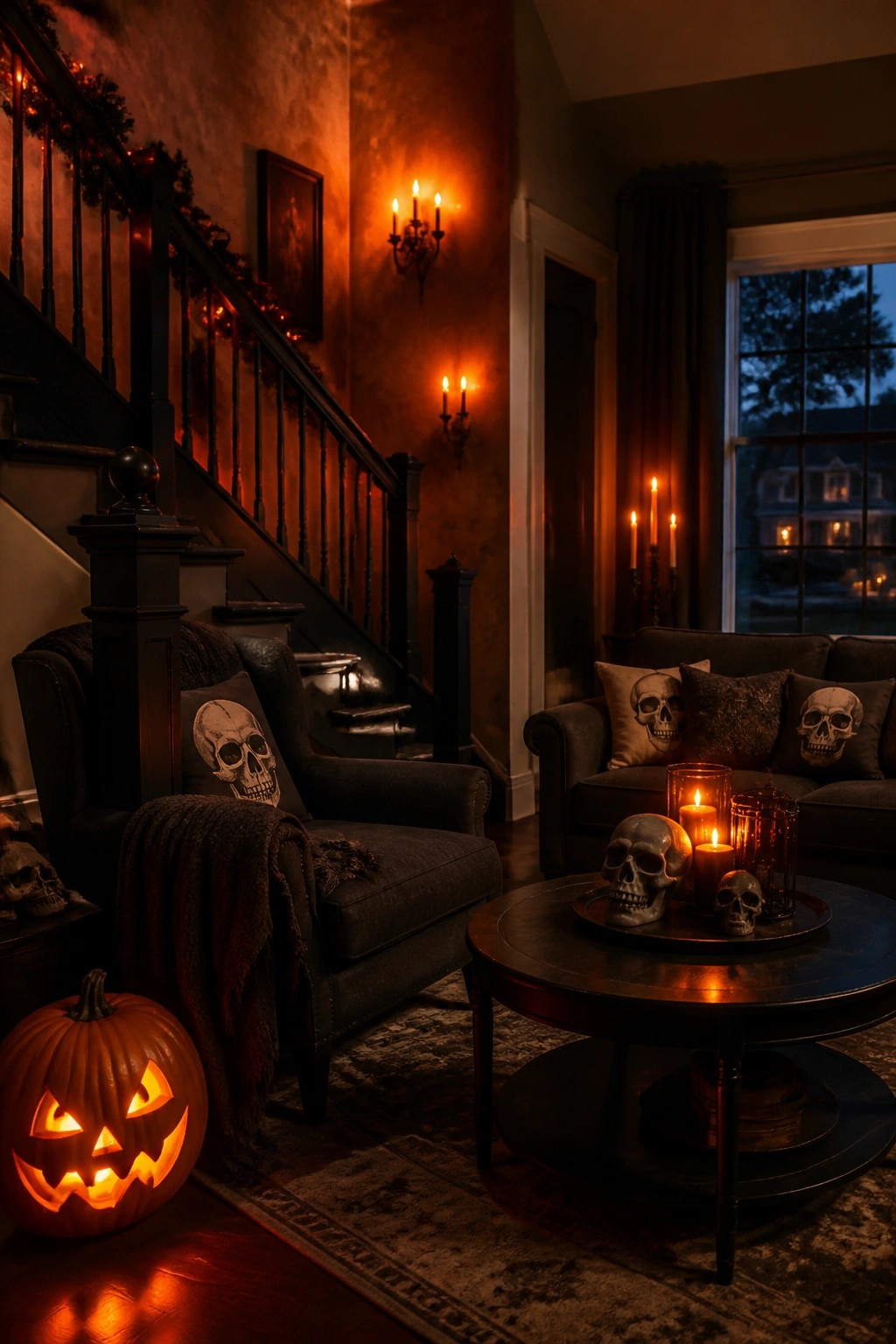 Dark Halloween living room with skull pillows, candles, and glowing jack-o'-lantern.