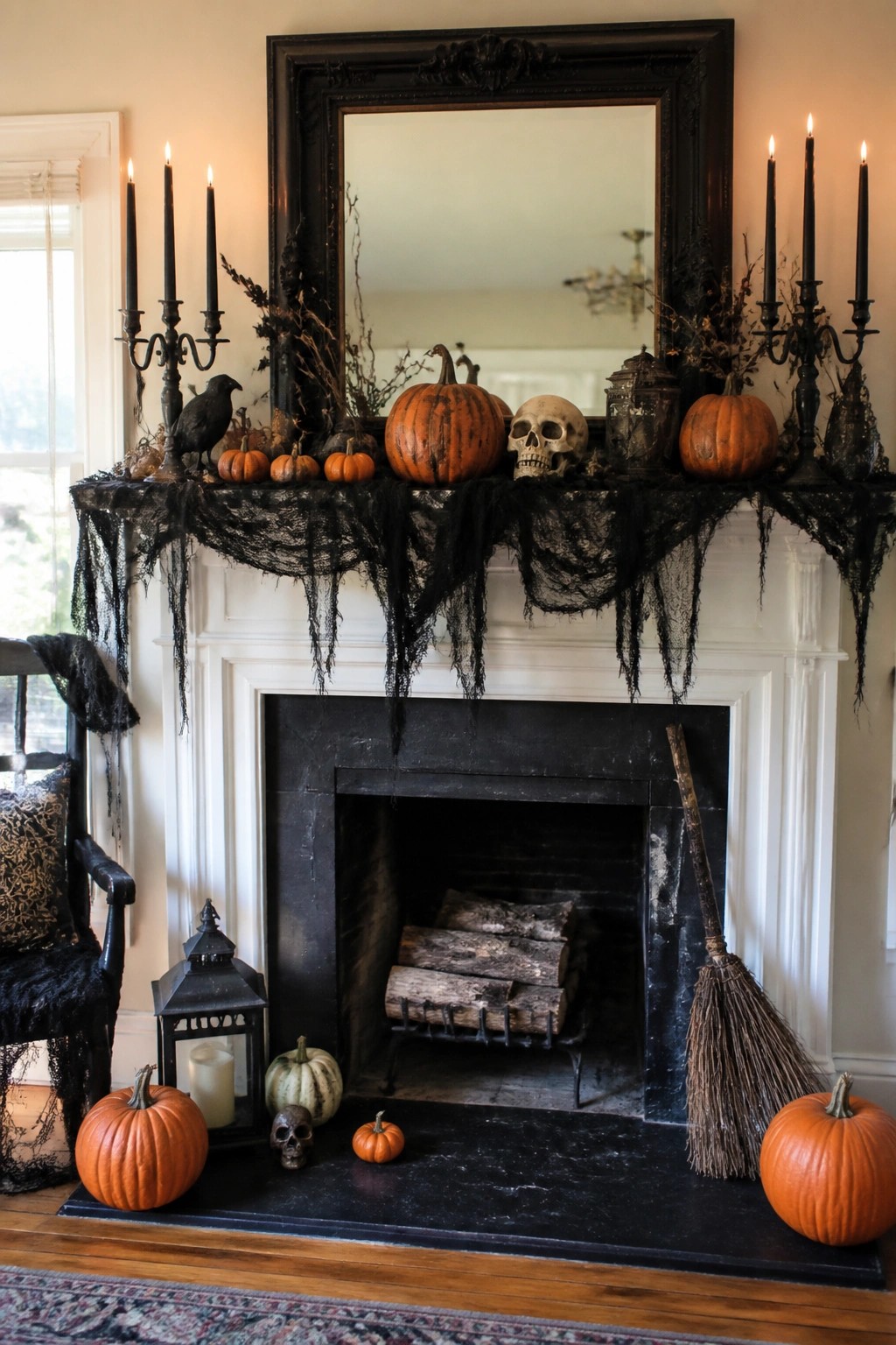 Halloween fireplace mantel with pumpkins, skulls, black candles, crow, and lace drapes