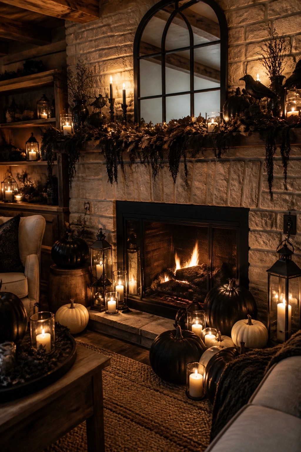 Stone fireplace mantel styled for Halloween with black and white pumpkins, black crows, candles, lanterns, and a dark garland.