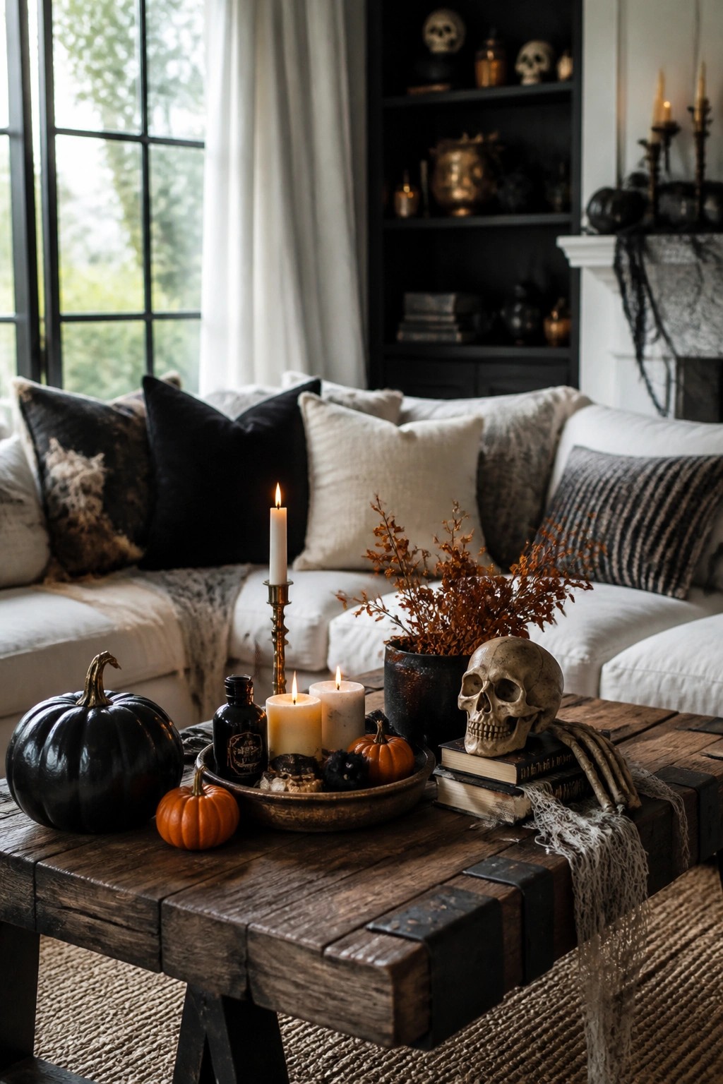 Wooden coffee table holding a brass tray with lit candles, a skull resting on stacked books, a skeleton hand, and small pumpkins in front of a white sofa.