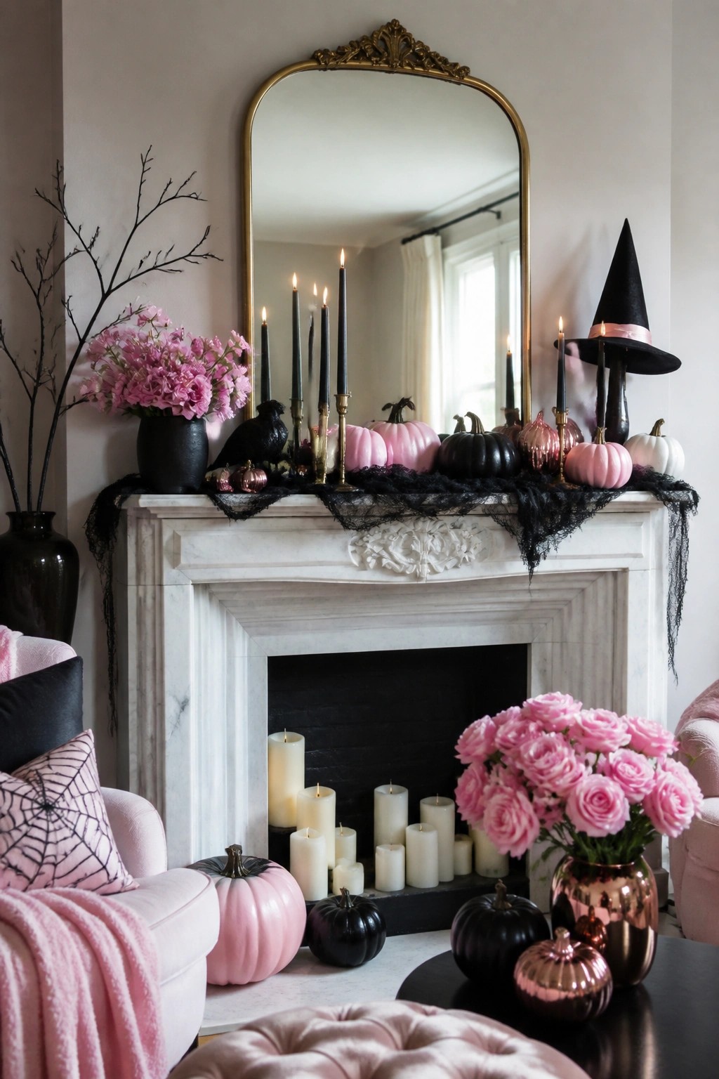 White marble fireplace mantel styled for Halloween with black taper candles, pink and black pumpkins, a witch hat, and a black bird figure.