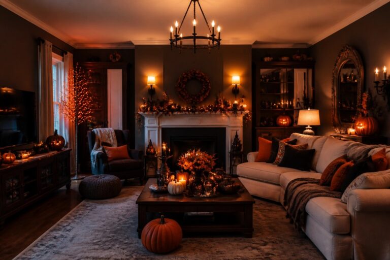 Living room fireplace mantel decorated with black bats, a lit wreath, pumpkins, and garland for Halloween.
