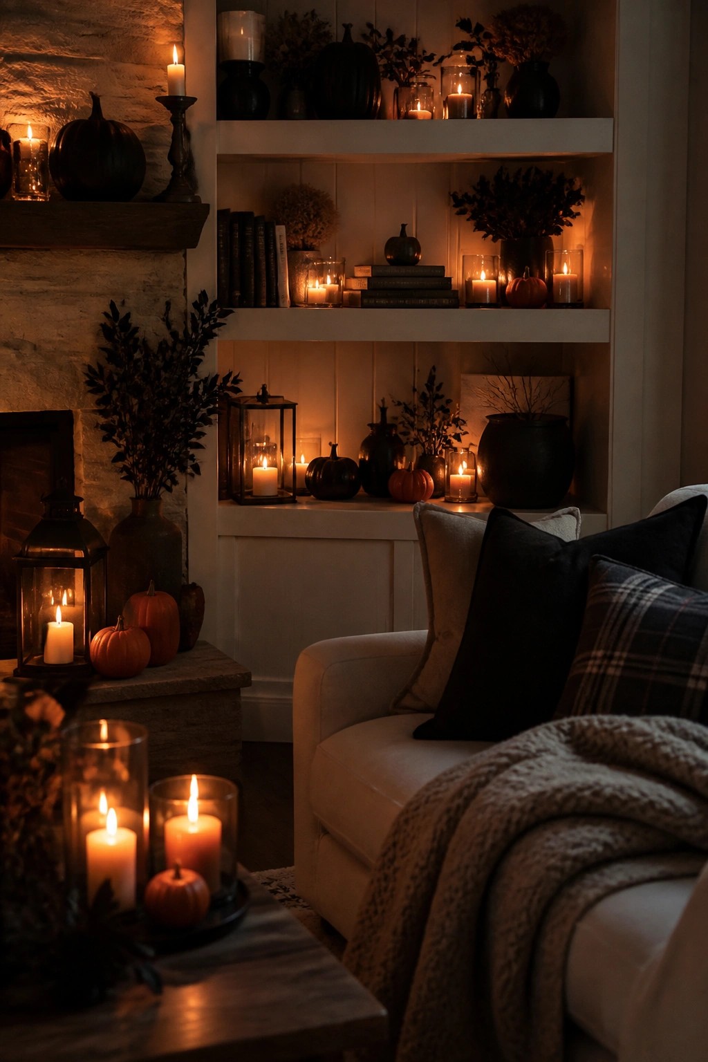Built in shelves and mantel area decorated with lit candles in glass holders, small pumpkins, books, and dark vases in a living room setting.