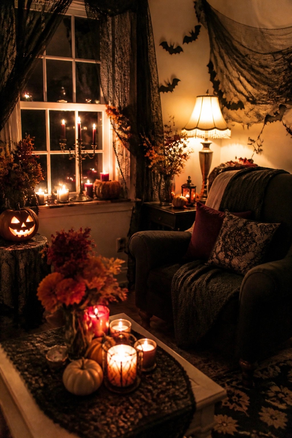 Cozy Halloween room with flickering candles, pumpkins, jack-o'-lantern, armchair, and autumn flowers.