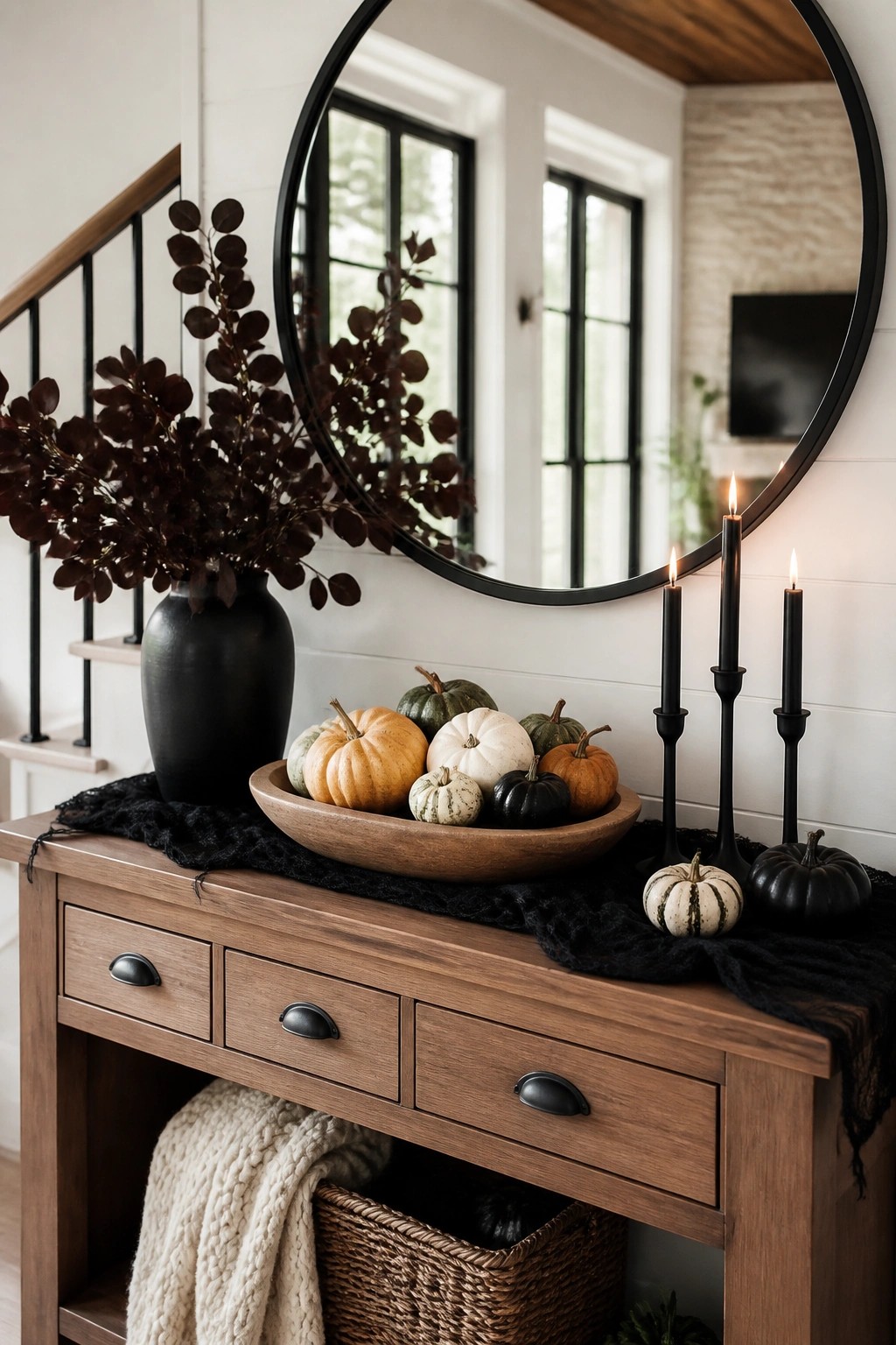 Entryway console table styled with a wooden bowl of mixed pumpkins, black taper candles, and black lace fabric beneath a round mirror.