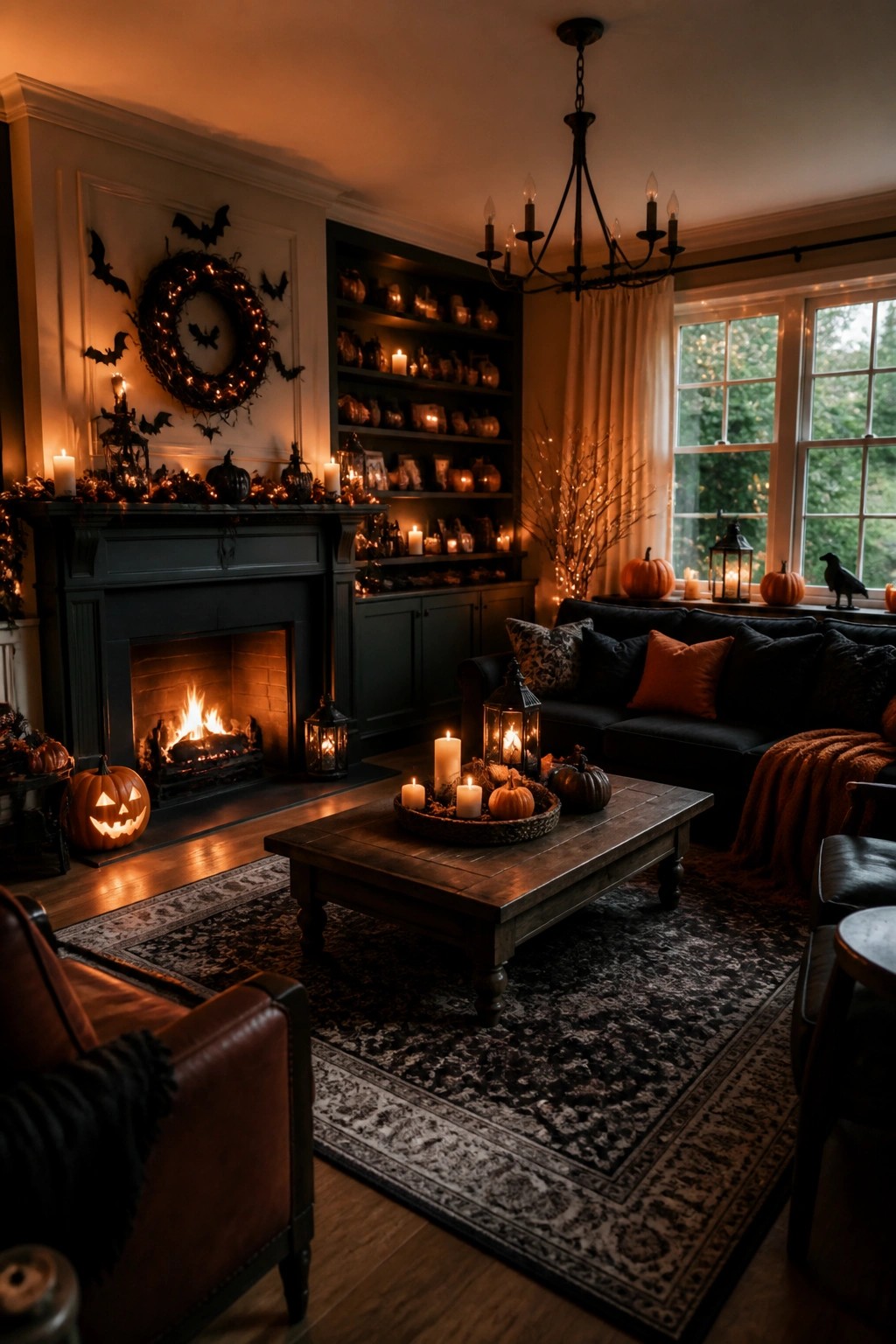 Living room fireplace mantel decorated with black bats, a lit wreath, pumpkins, and garland for Halloween.