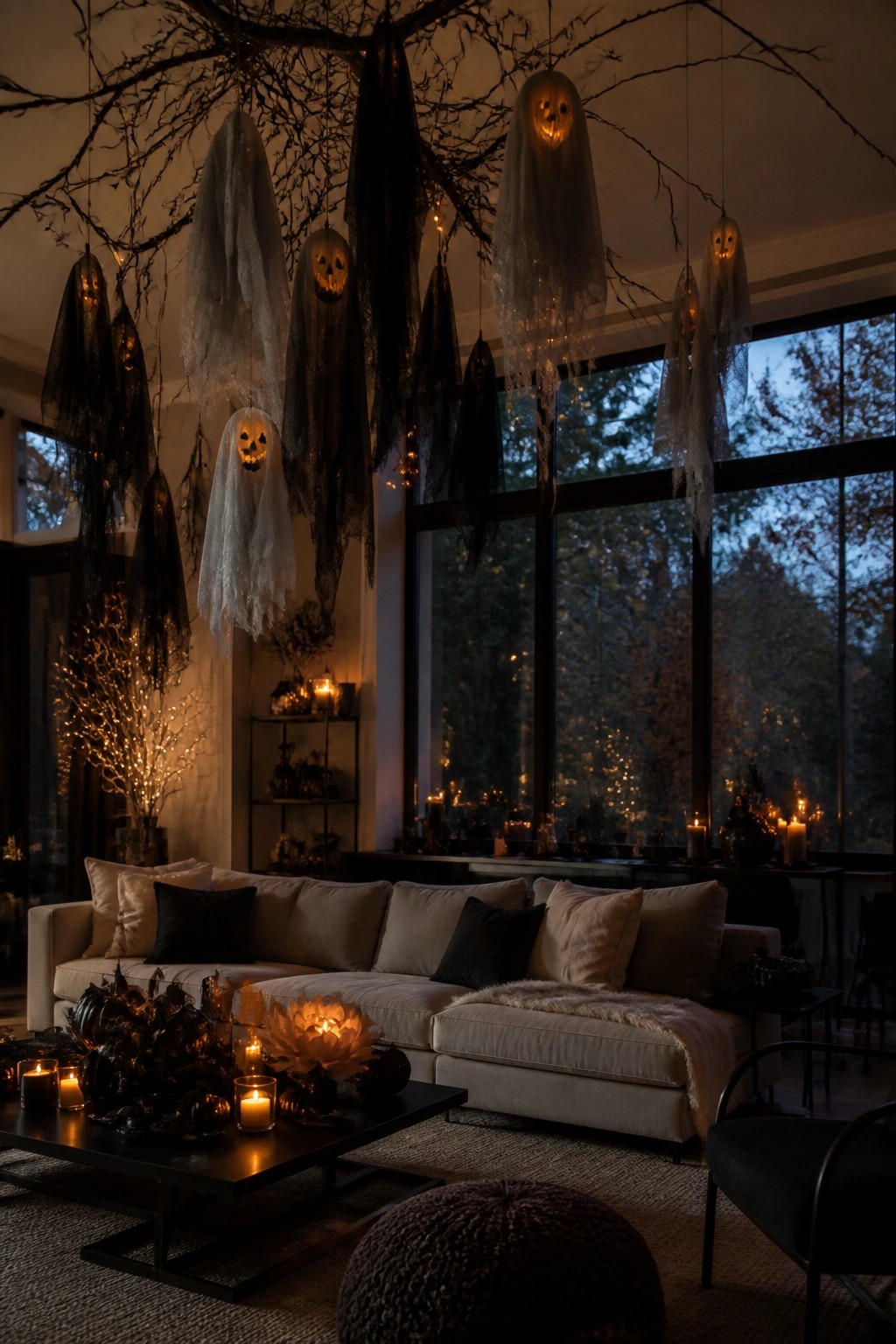 Dimly lit living room with hanging ghosts, pumpkins, candles, and beige sofa.