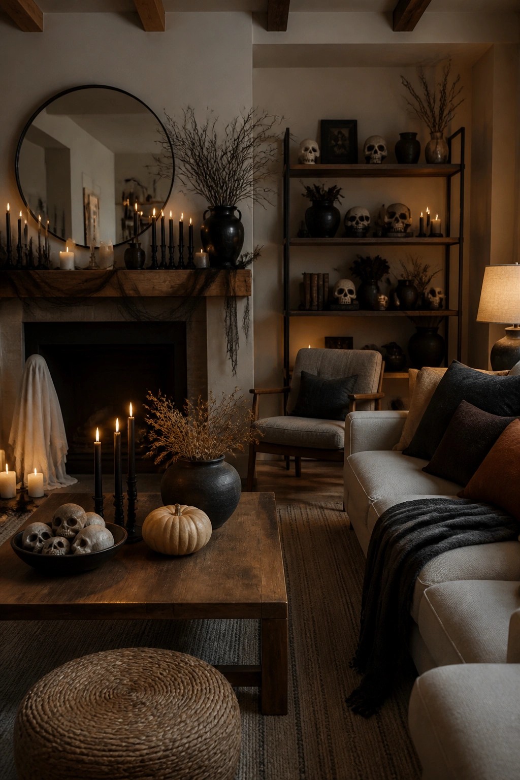 Living room coffee table with a dark bowl of small skulls, a small pumpkin, and black candles in front of a fireplace mantel.