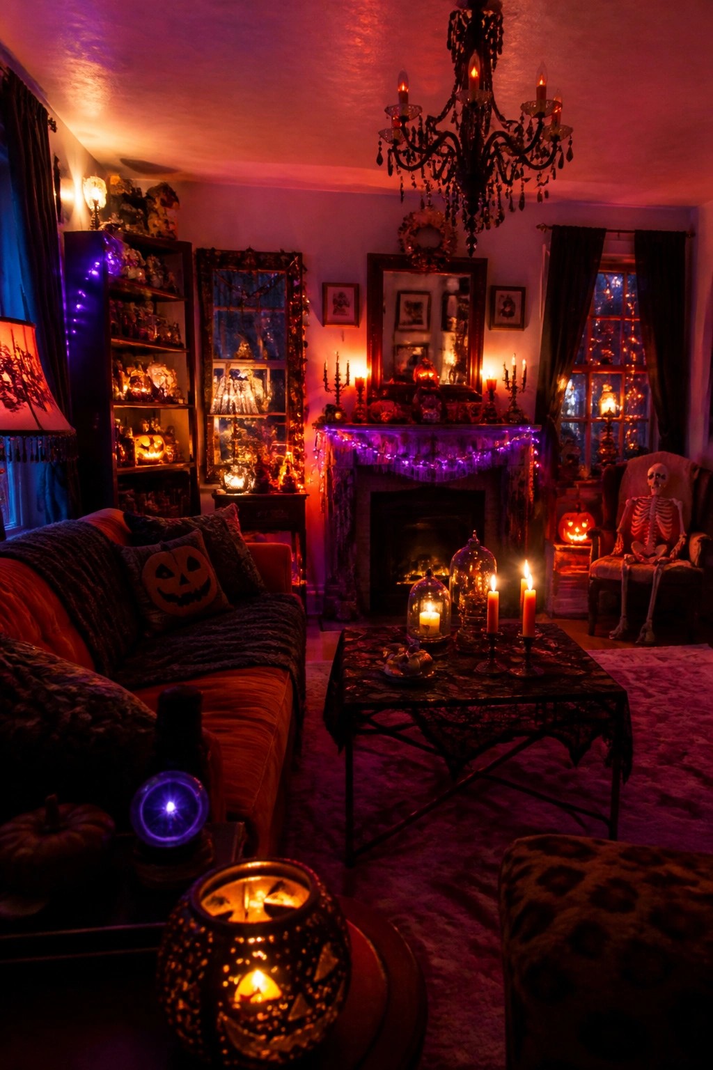 Living room with a full-size skeleton seated in an armchair, a decorated mantel with candles and garland, and multiple jack o'lanterns throughout the space.