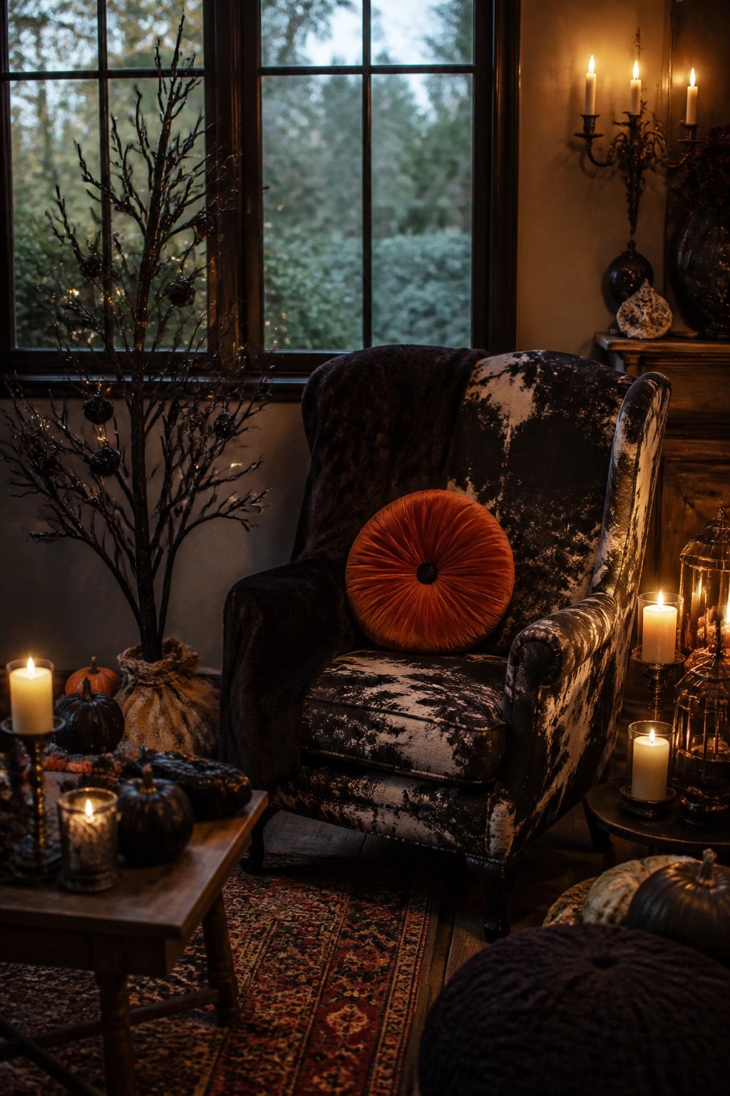 Living room corner featuring a tall black branch decorated with string lights and dark ornaments beside a patterned armchair and a table with candles and small pumpkins.