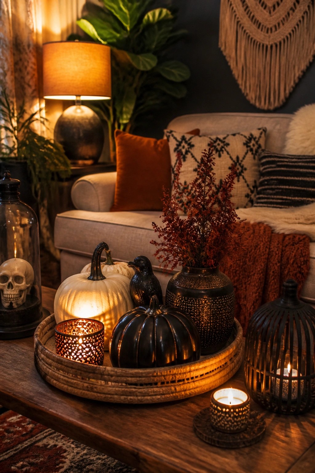 A wooden coffee table displays a round tray holding white and black pumpkins, a black crow figurine, a skull under a glass cloche, and several lit candles.