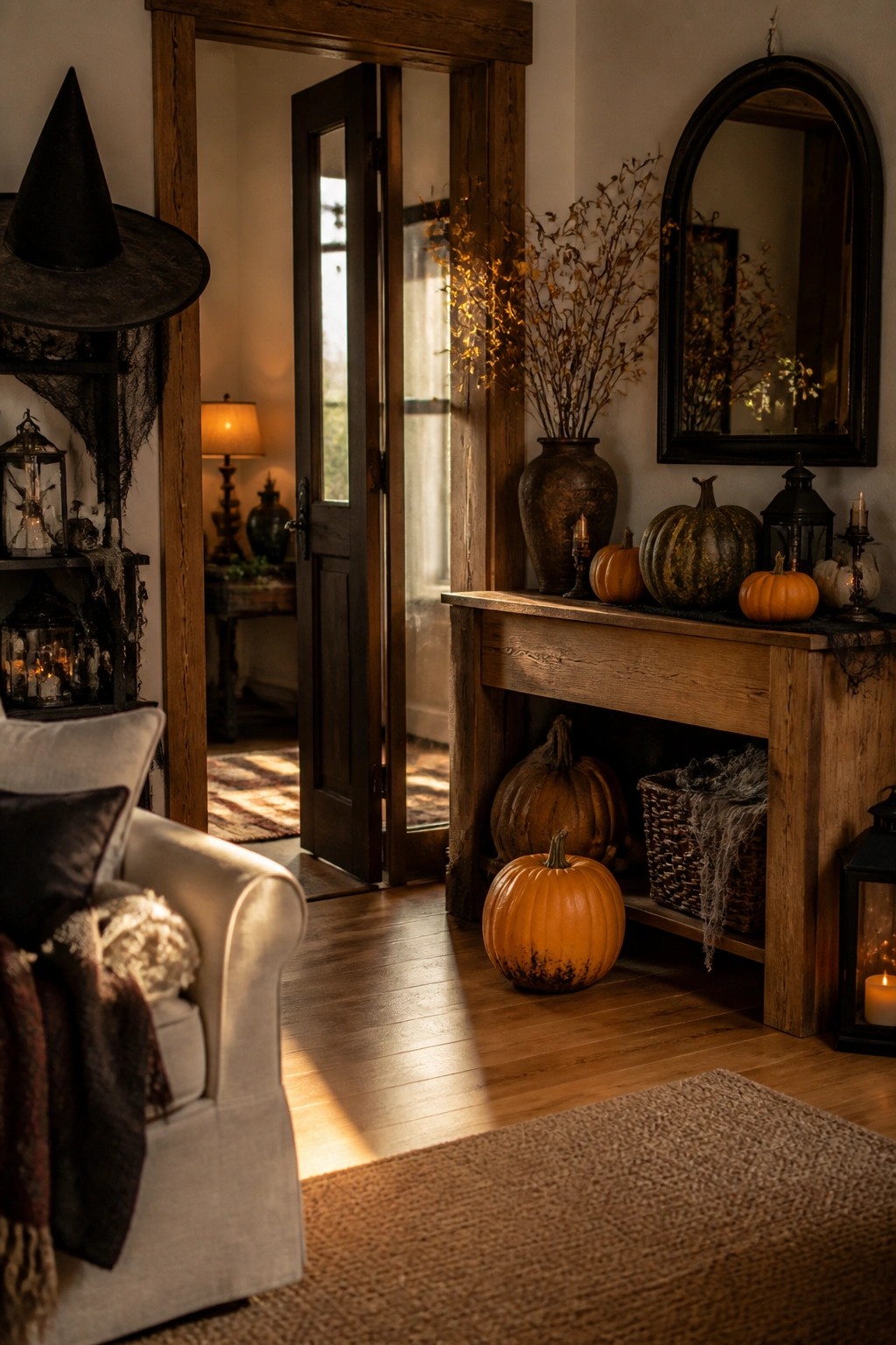 Entryway shelf styled with a black witch hat, lace fabric, and lanterns beside a wooden console holding pumpkins and candles.
