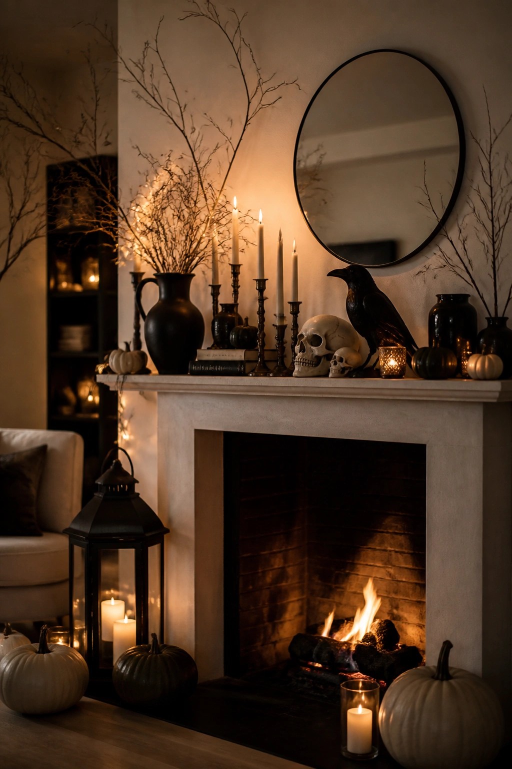 Fireplace mantel with lit candles, skulls, black raven, pumpkins, and round mirror.