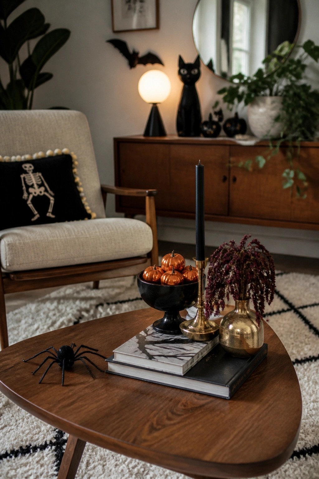 Living room coffee table with a black spider, stack of books, small orange pumpkins in a black bowl, and a gold vase with dark foliage.