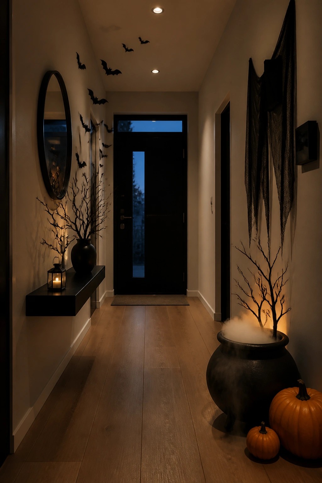 Narrow apartment entry hallway with black bat cutouts on the left wall, a black front door at the end, and a smoking cauldron with pumpkins on the right side.