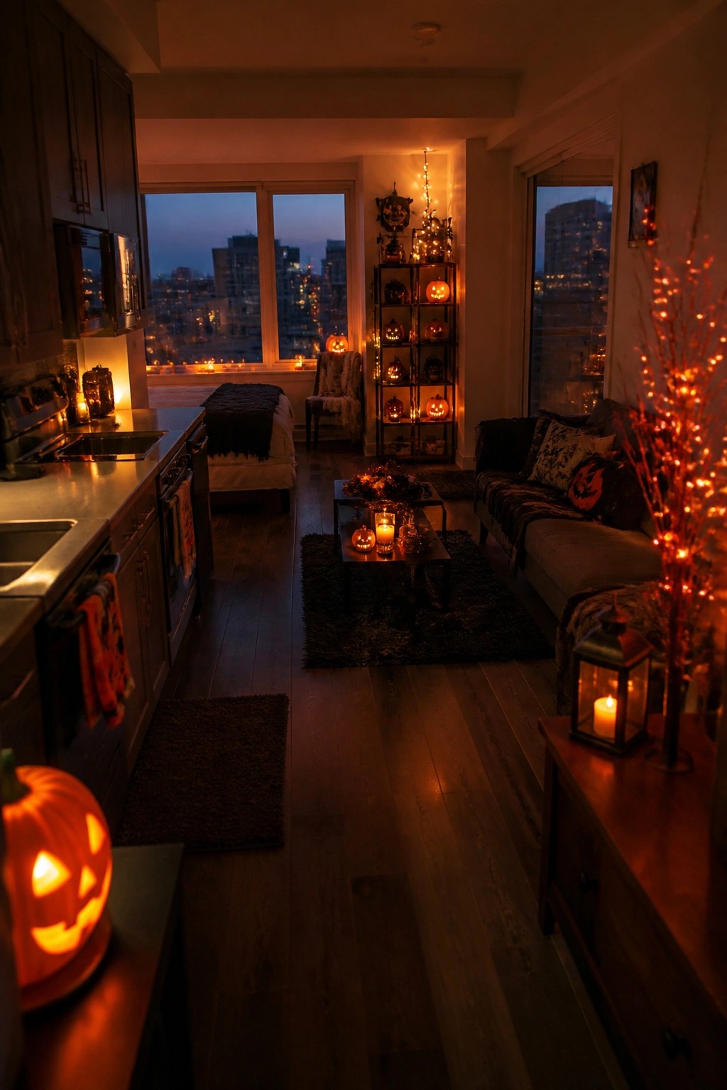 Apartment living room with multiple lit jack o'lanterns arranged on a tall shelving unit, coffee table, and windowsill.