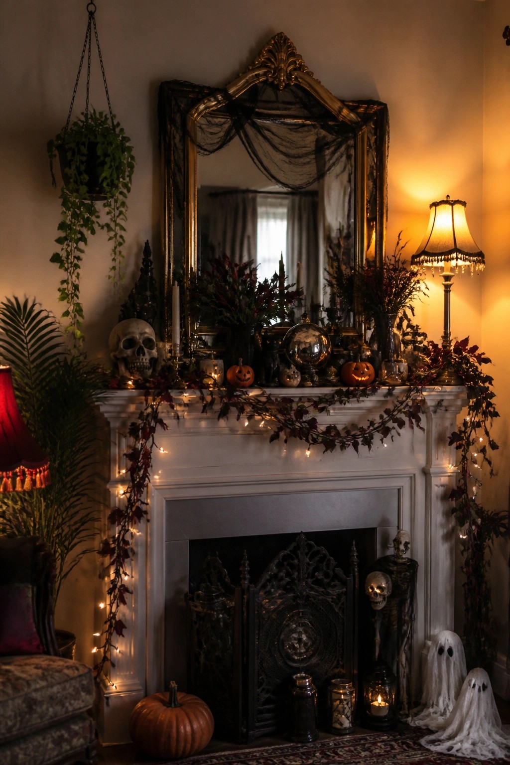 A white fireplace mantel styled with skulls, carved pumpkins, skeletons, and dark garlands for Halloween.