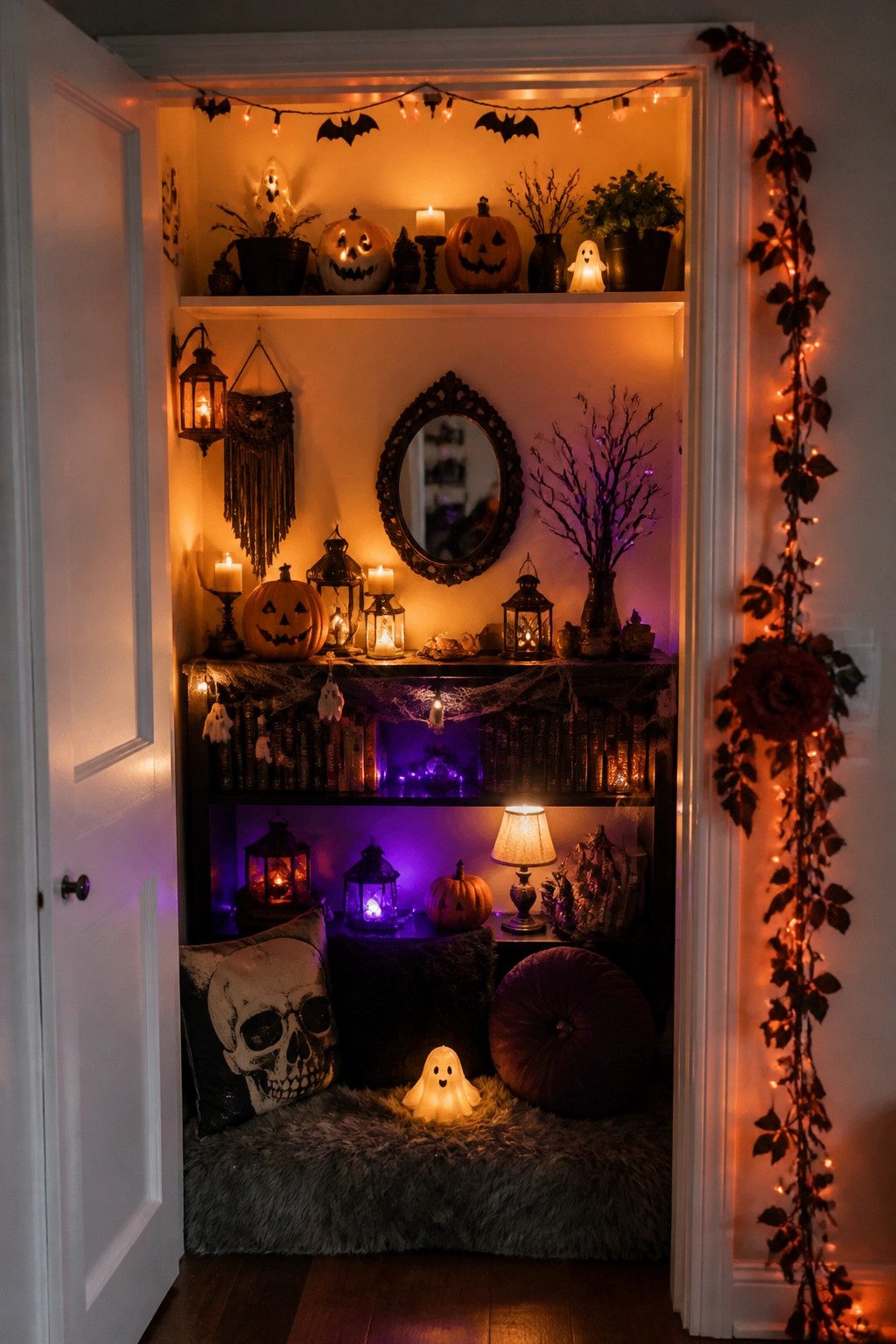 Halloween alcove with pumpkins, lanterns, books, mirror, spiderwebs, and skull pillow on fur rug