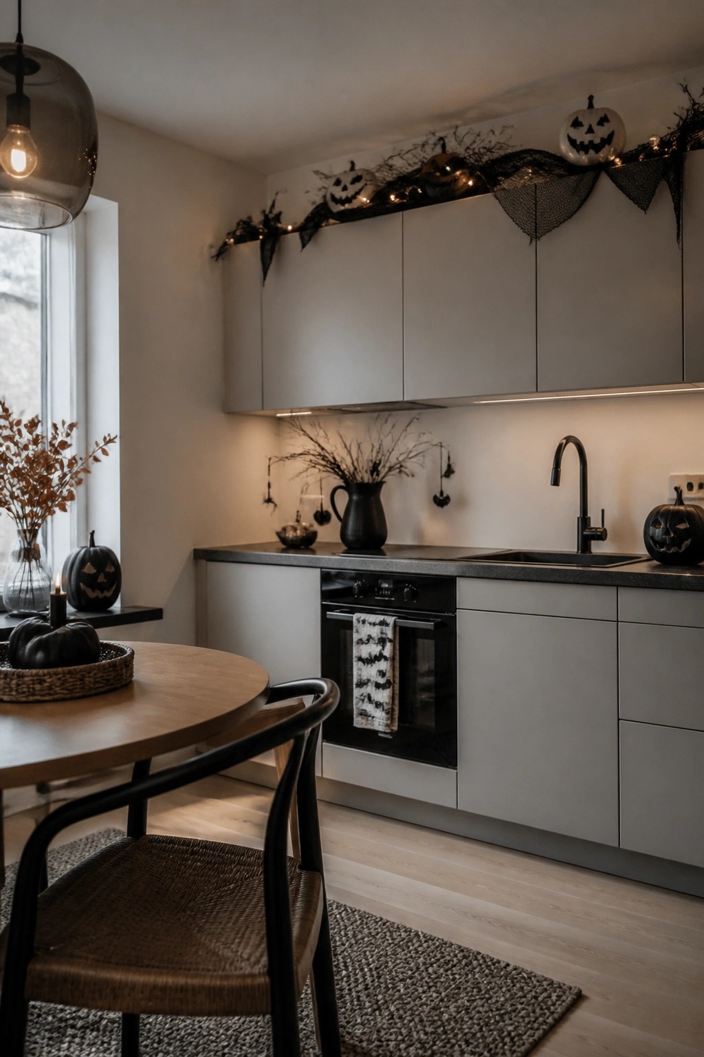 Modern kitchen with gray cabinets, Halloween pumpkins, string lights, and wooden table.