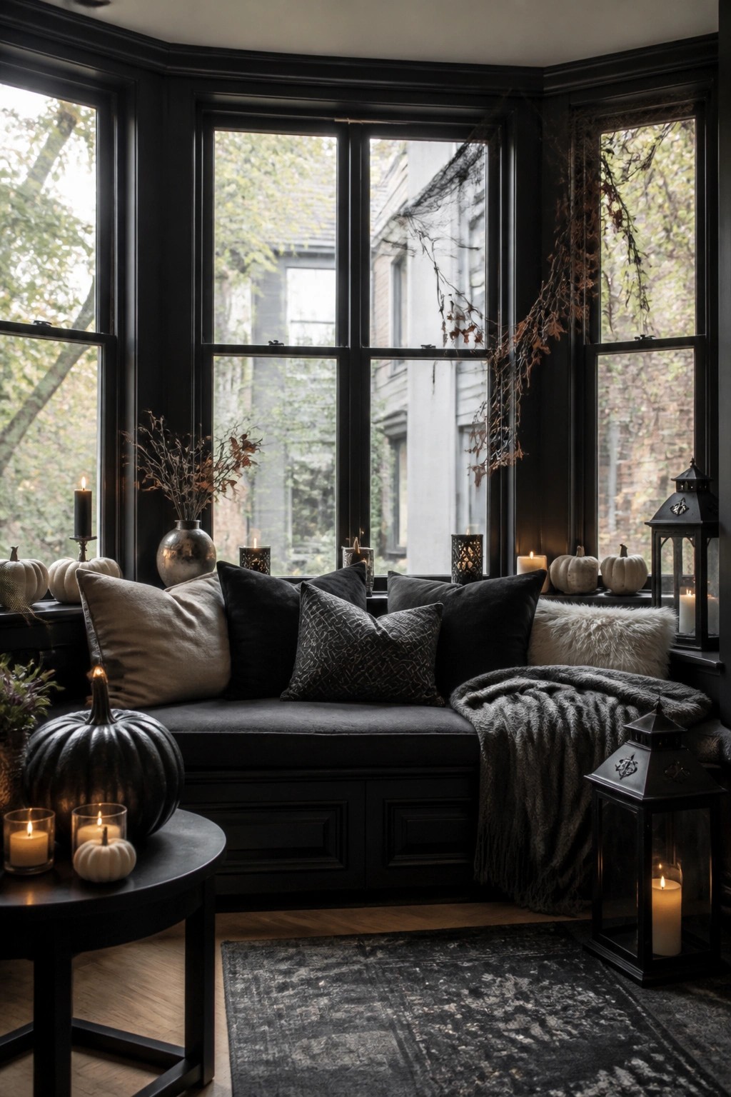 Bay window seat decorated with spiderwebs and dried branches across the glass, white pumpkins, black and beige pillows, and lit candles on the ledge.