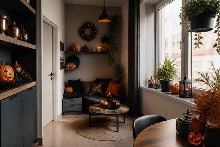 Apartment seating area with a dark gray bench and black shelving unit displaying small carved jack-o'-lanterns among plants, plus more pumpkins and lanterns on the windowsill.