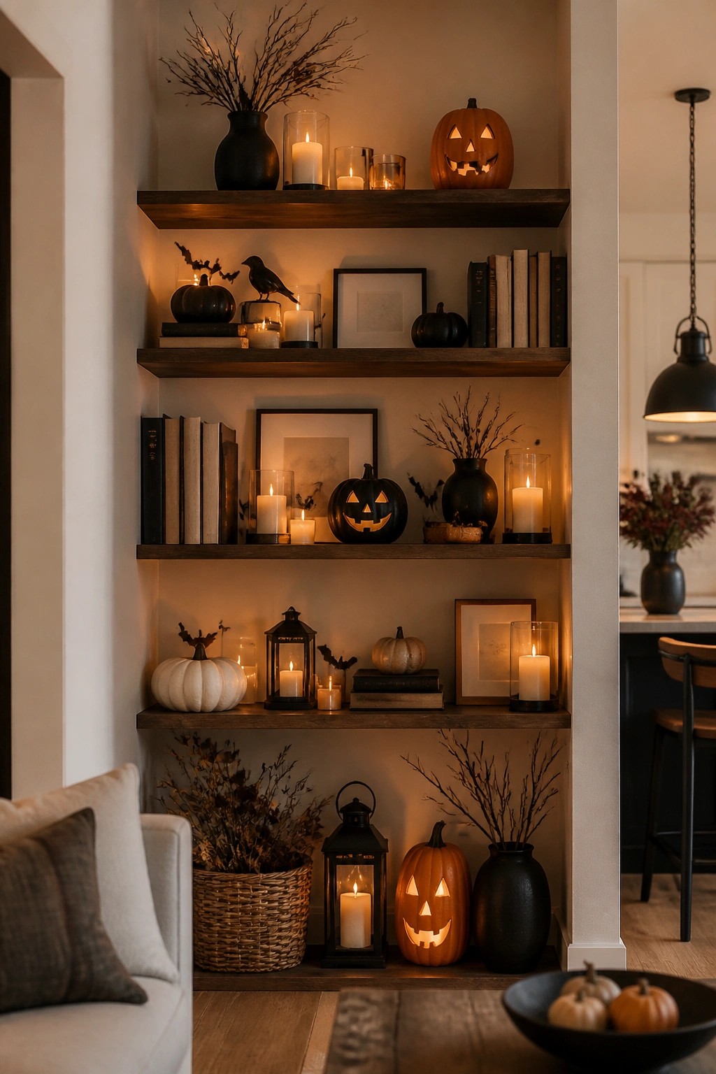 Warmly lit wooden shelves display carved pumpkins, candles, books, and autumn decor.