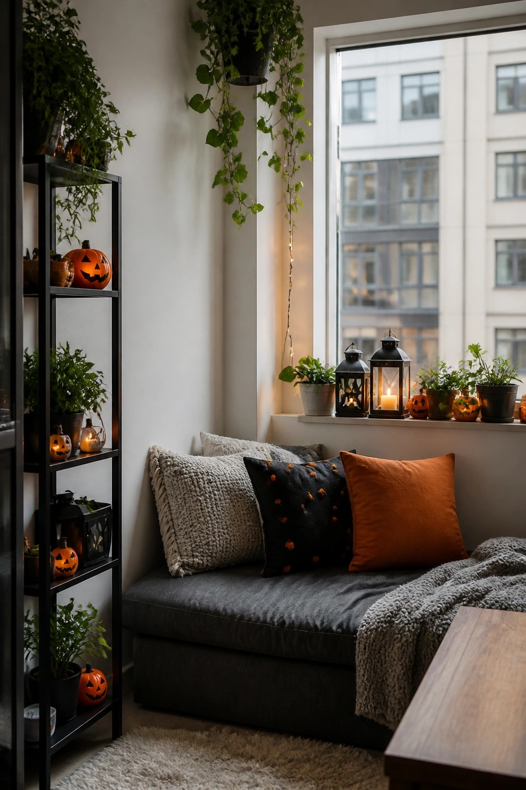 Apartment seating area with a dark gray bench and black shelving unit displaying small carved jack-o'-lanterns among plants, plus more pumpkins and lanterns on the windowsill.