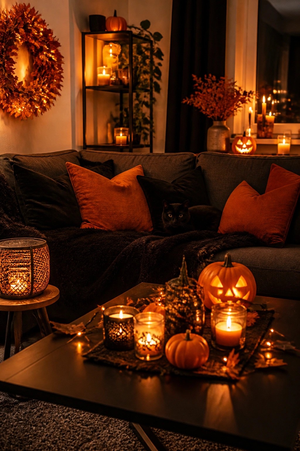 Living room coffee table with carved jack o lanterns, lit candles, and small pumpkins arranged on a tray in front of a dark gray sofa.