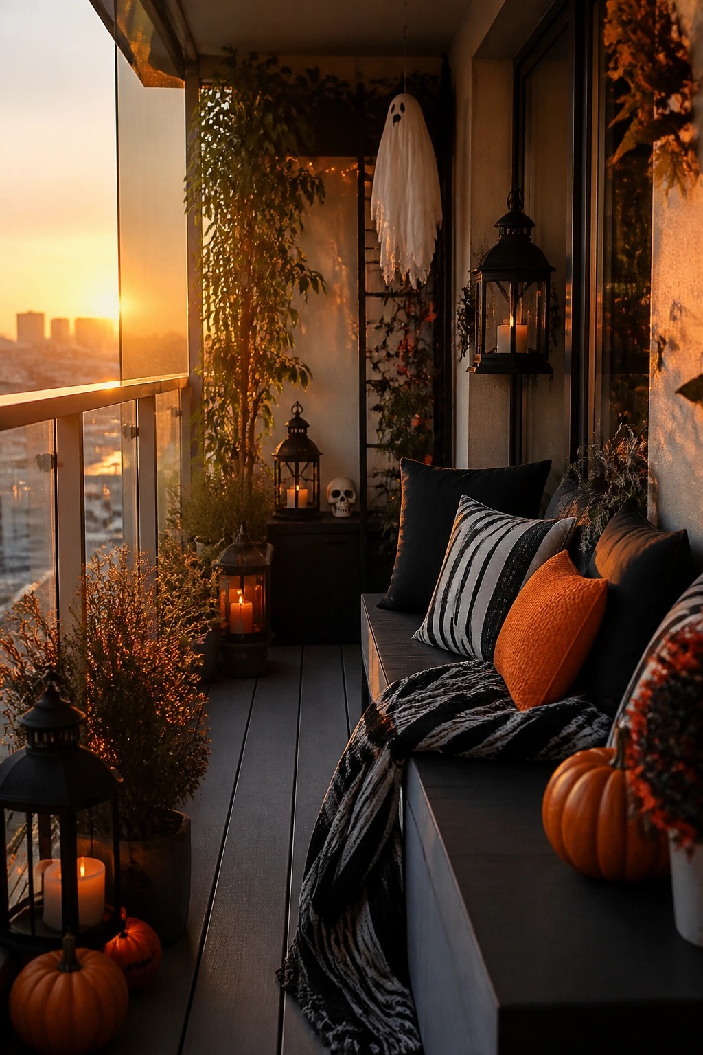 Apartment balcony with a hanging white ghost decoration, black lanterns, small pumpkins, and black and orange pillows on a bench.