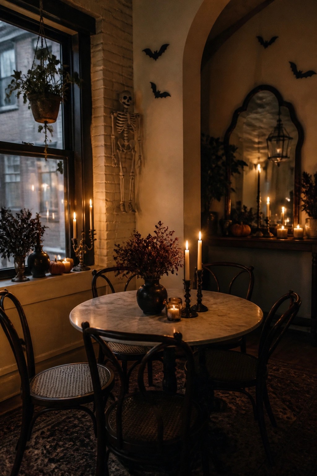 Round marble dining table with black wooden chairs, lit candles, a skeleton on the brick wall, and black bats mounted on the white wall nearby.