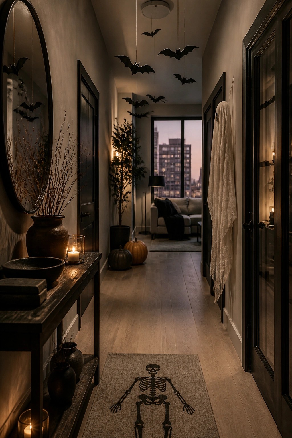 Narrow apartment hallway with multiple black bats suspended from the ceiling and a skeleton design on a rug at the far end.