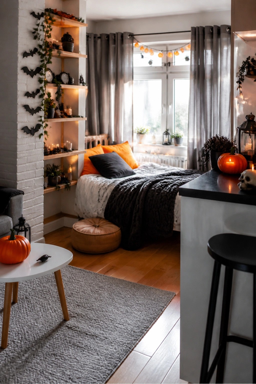Cozy Halloween apartment with pumpkins, bats on shelves, string lights, and orange pillows.