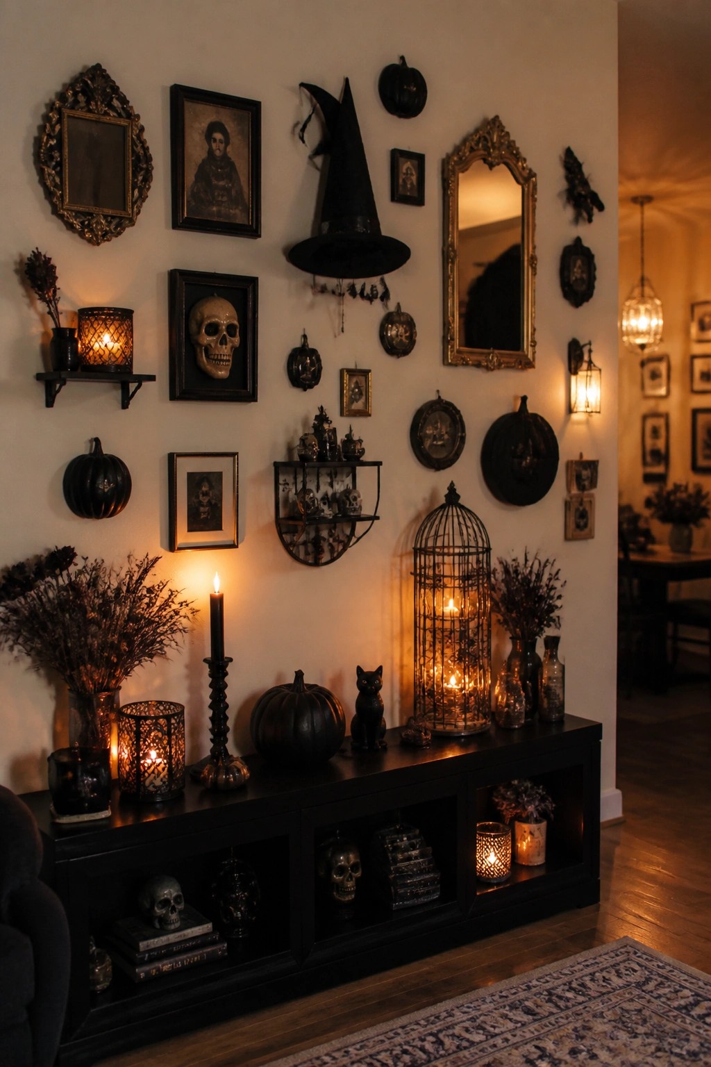 Black console table arranged with skulls, a black cat figurine, pumpkins, and lit candles beneath a wall display that includes a witch hat, framed portraits, and mirrors.