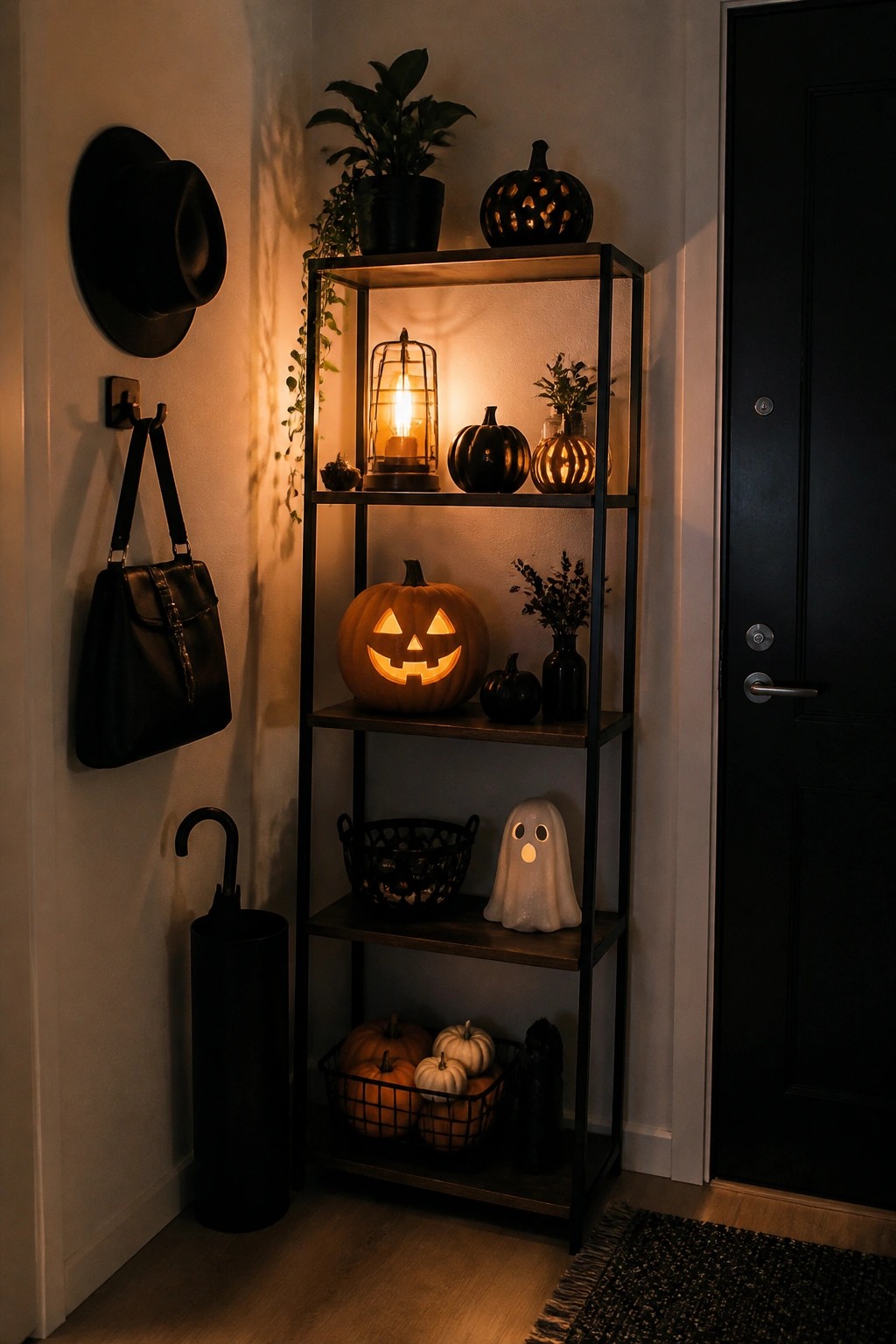 Entryway with a tall black metal and wood shelf holding glowing jack o lanterns, a small white ghost figure, and pumpkins near a black front door.